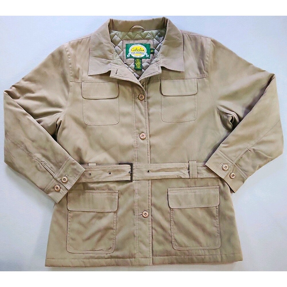 Cabela’s Women’s Beige Mid-Length Jacket Belted Button Front Collared Lined XL